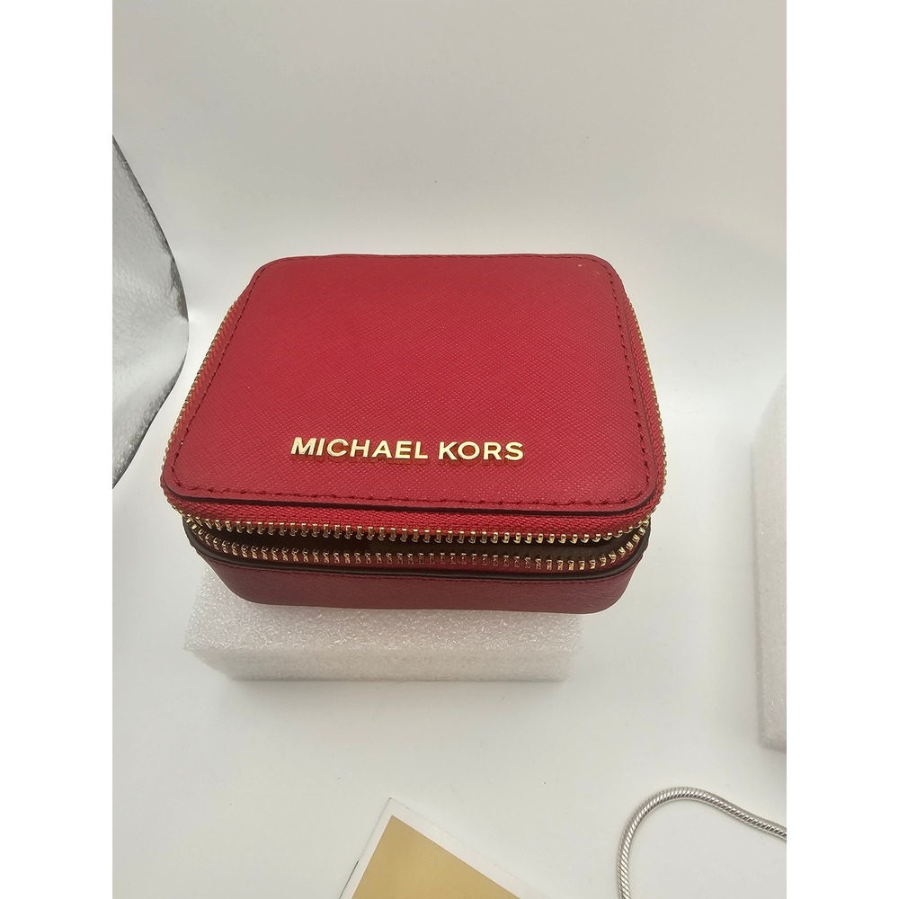 Michael Kors Red Saffiano Leather Travel Jewelry Case Organizer Gold Tone Zip